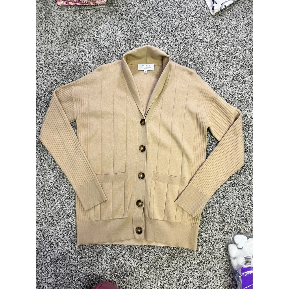 LA LIGNE New York Beige Ribbed Knit Shawl Collar Cardigan‎ Cashmere Sweater XS